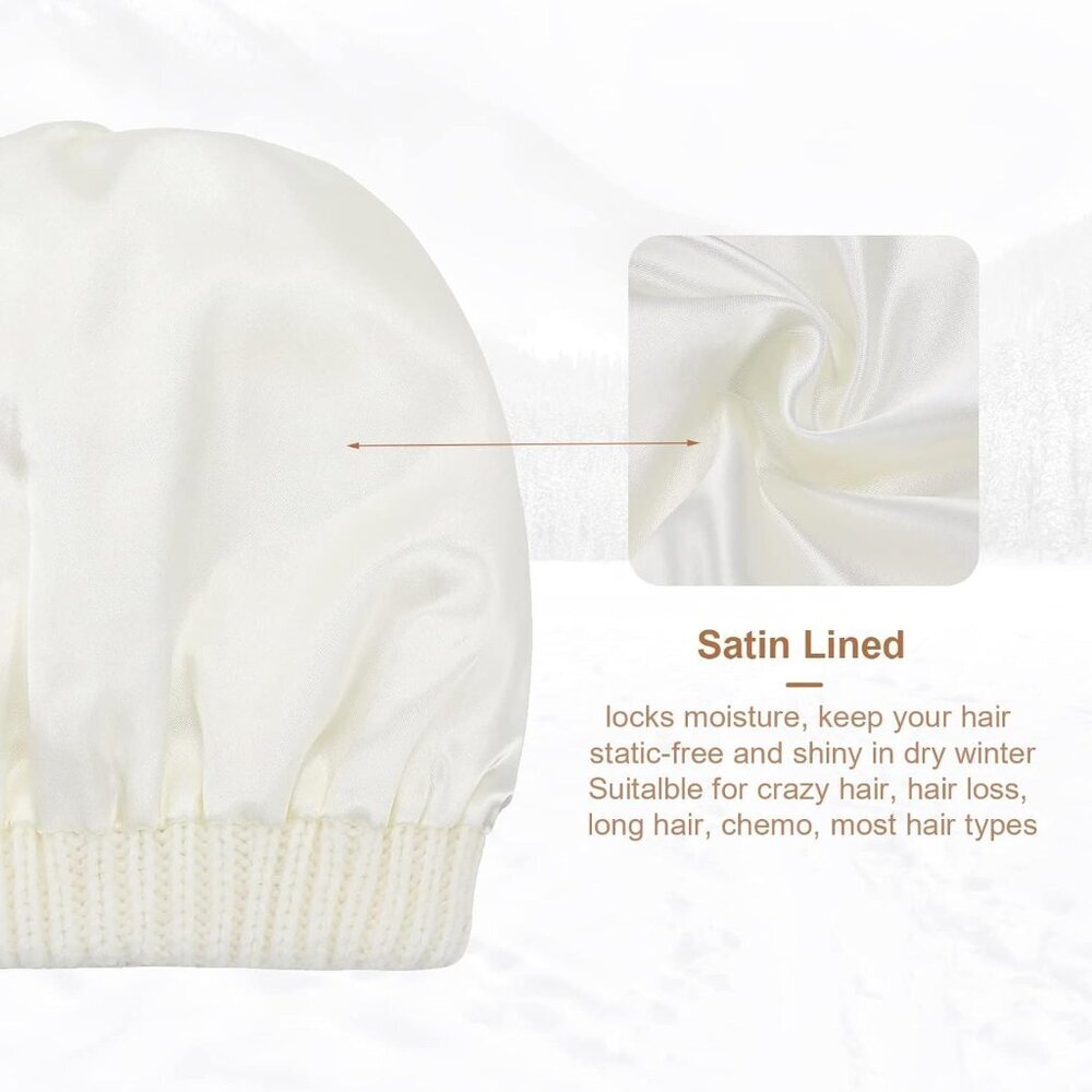 Satin Lined Knit Beanie Hats for Women Men Thick Warm Unisex Slouchy Winter Cap - Picture 6 of 6